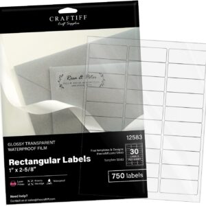 Clear Address Labels 1 x 2 5/8 inch Stickers Paper Glossy Transparent for Laser Printers. Pack of 750, Printable Vinyl Blank for Mail and Home Craftiff