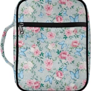 Coldinair Pink Rose Print Bible Covers for Women Blue Butterfly Carrying Book Case Church Bag Bible Protective with Bookmark with Zippered Pocket Church Bag Bible Protective Handbag