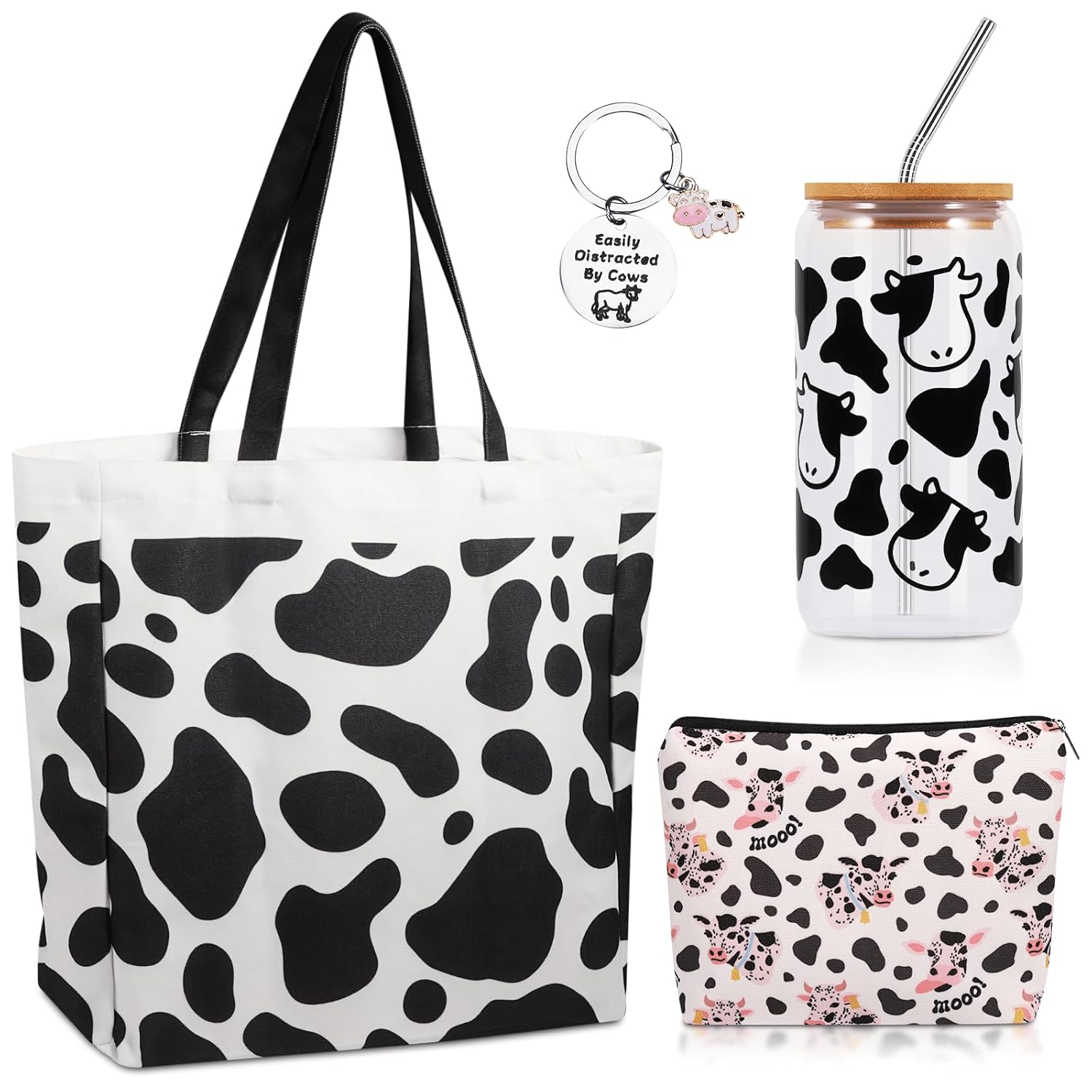 Cow Lover Gifts, Cow Themed Gifts Box Set, 4PCS Cow Print Stuff Gifts for Women with 16 OZ Glass Cup Canva Cow Pattern Tote Bag Makeup Bag Keychain