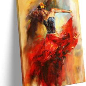 Dancing Lady Oil Paintings Spanish Flamenco Dancer Canvas Wall Painting, Elegant Woman Dancing in Red Dress Poster Print Framed Wall Decor for Living Room Bedroom Home, Ready to Hang 20" x 24"