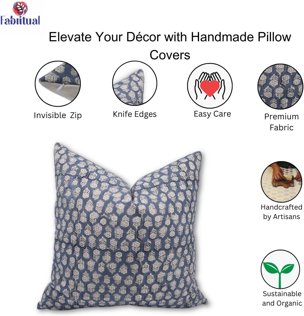 Fabritual Throw Home Decorative Blue 16x16 Inches Cushion Case Perfect for Living Room Sofa, Couch Handmade Block Print Pillow Cover Farmhouse, Gift Summer Cotton Fabric Room Accent, Tulsi Buti - Image 5