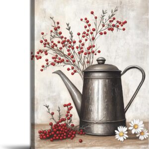 Farmhouse Canvas Wall Art - Coffee Pot and Daisies with Red Berries Painting Poster Countryside Farmhouse Floral Picture Print for Dining Room Kitchen Decor(Artwork-03, 12"x18")