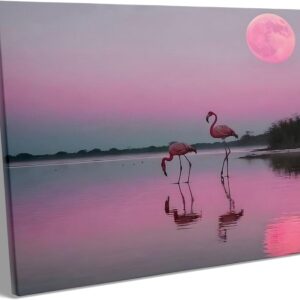 Flamingos Canvas Wall Art, Pink Flamingos at Sunset Pictures Print, Elegant Bird Poster Framed Artwork, Nature Inspired Landscape Wall Painting for Living Room and Bedroom Decor 24x30inch