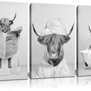 Framed 3pcs Black And White Highland Cow Wall Art Bathroom Decor Canva Poster Printing Canvas Artwork Living Room Apartment Bedroom Bathroom Office Hotel 12x16inch Ready To Hang
