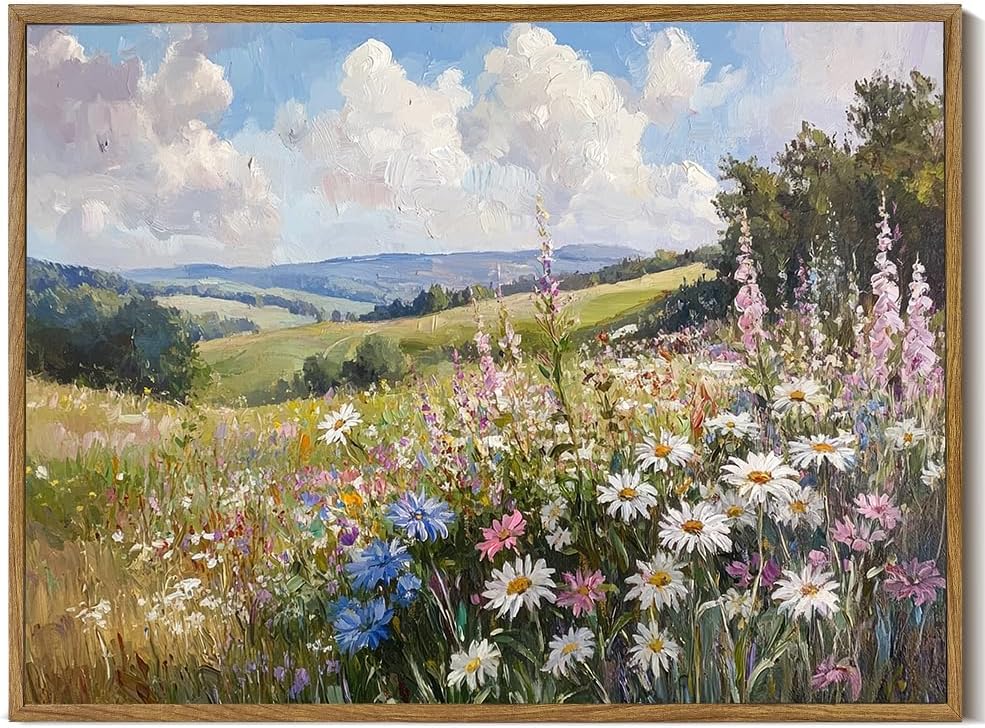 Framed Canvas Wall Art Prints Wildflower Oil Painting Aesthetic Room Decor Nature Rural Wilderness Landscape Poster Pictures Prints for Bathroom, Bedroom LivingRoom 8×10inch