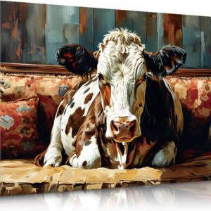 Framed Vintage Farmhouse Cow on Couch Canvas Print, 12x16 Inch Rustic Animal Wall Decor for Kitchen, Living & Bathroom