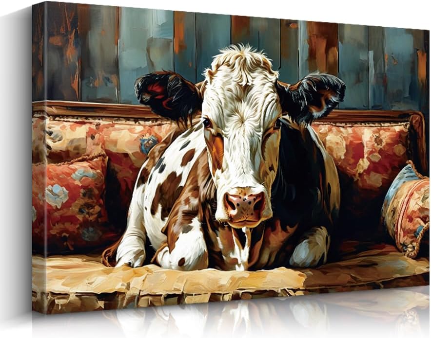 Framed Vintage Farmhouse Cow on Couch Canvas Print, 12x16 Inch Rustic Animal Wall Decor for Kitchen, Living & Bathroom