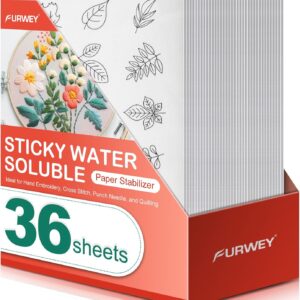 FURWEY 36PCS 8.5"x11" Sticky Water Soluble Embroidery Stabilizer Printable Paper Wash Away Stabilizer Allowed for Print or Draw Patterns Medium Weight for Hand & Machine Embroidery