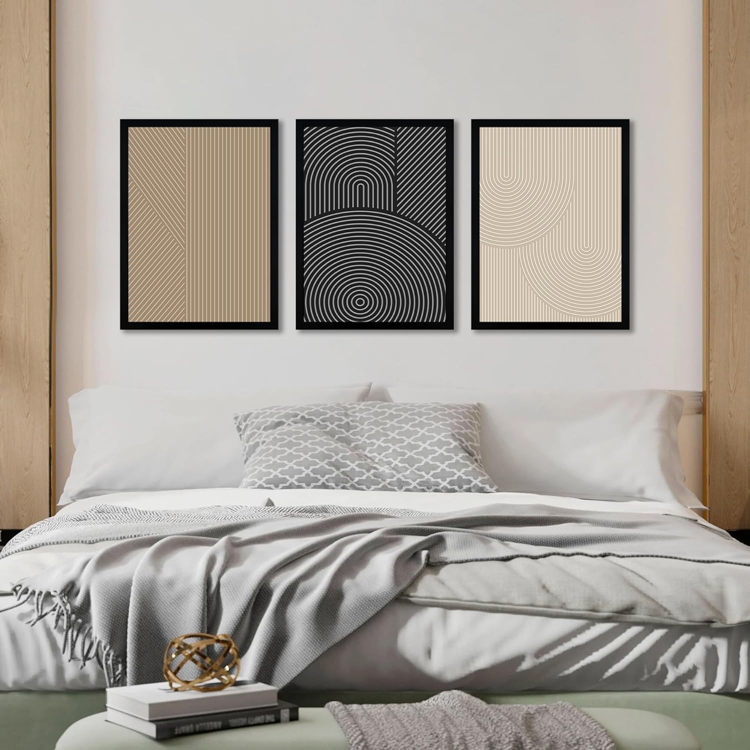 FWAHREN Framed Modern Abstract Minimalist Neutral Canvas Wall Art, Geometric Textured Line Mid Century Prints Artwork, Contemporary Japandi Wall Decor, Living Room Bedroom Office, Set of 3, 12x16in - Image 6