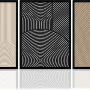 FWAHREN Framed Modern Abstract Minimalist Neutral Canvas Wall Art, Geometric Textured Line Mid Century Prints Artwork, Contemporary Japandi Wall Decor, Living Room Bedroom Office, Set of 3, 12x16in