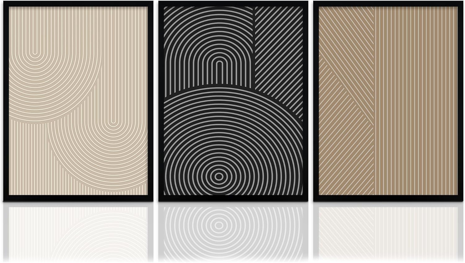 FWAHREN Framed Modern Abstract Minimalist Neutral Canvas Wall Art, Geometric Textured Line Mid Century Prints Artwork, Contemporary Japandi Wall Decor, Living Room Bedroom Office, Set of 3, 12x16in