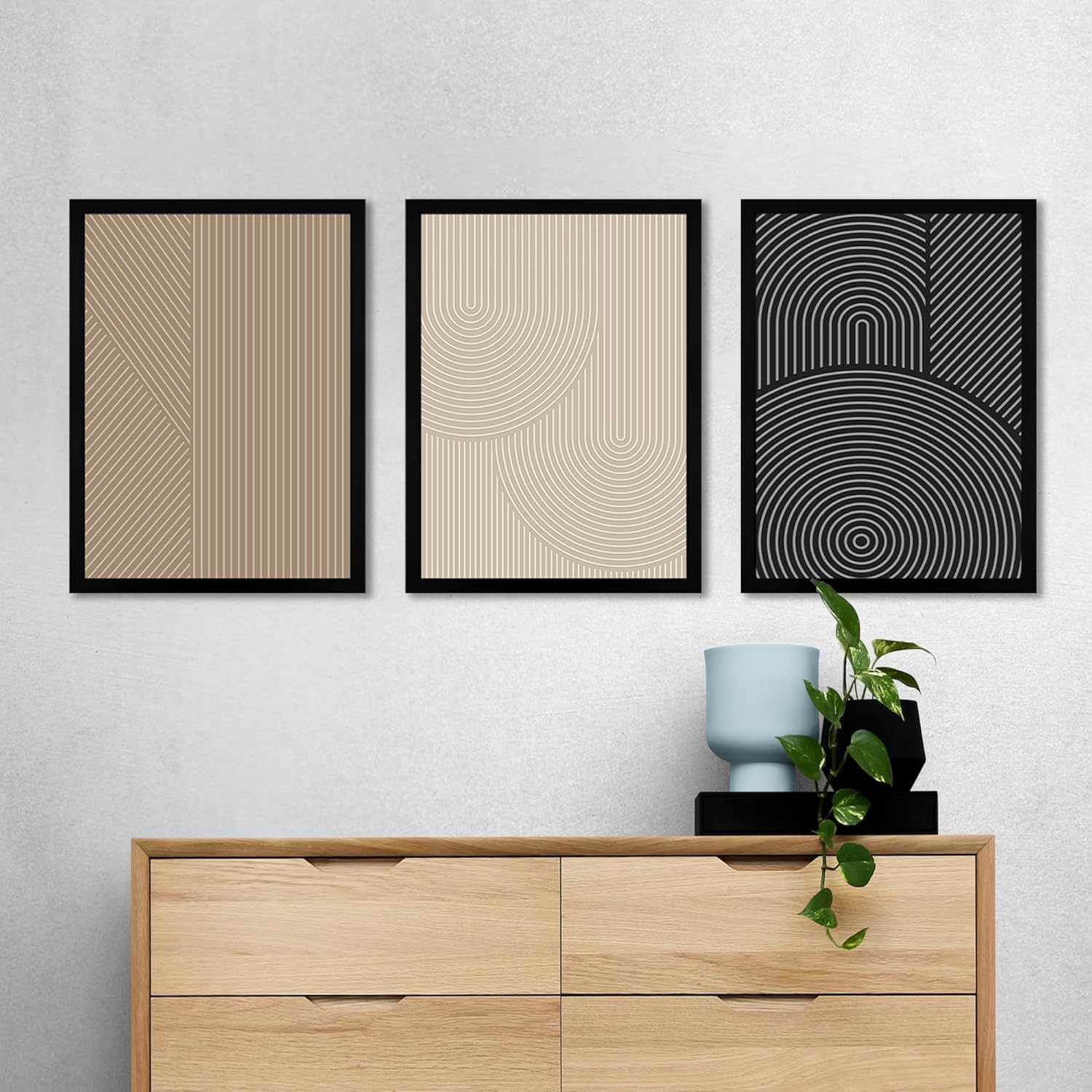 FWAHREN Framed Modern Abstract Minimalist Neutral Canvas Wall Art, Geometric Textured Line Mid Century Prints Artwork, Contemporary Japandi Wall Decor, Living Room Bedroom Office, Set of 3, 12x16in - Image 2