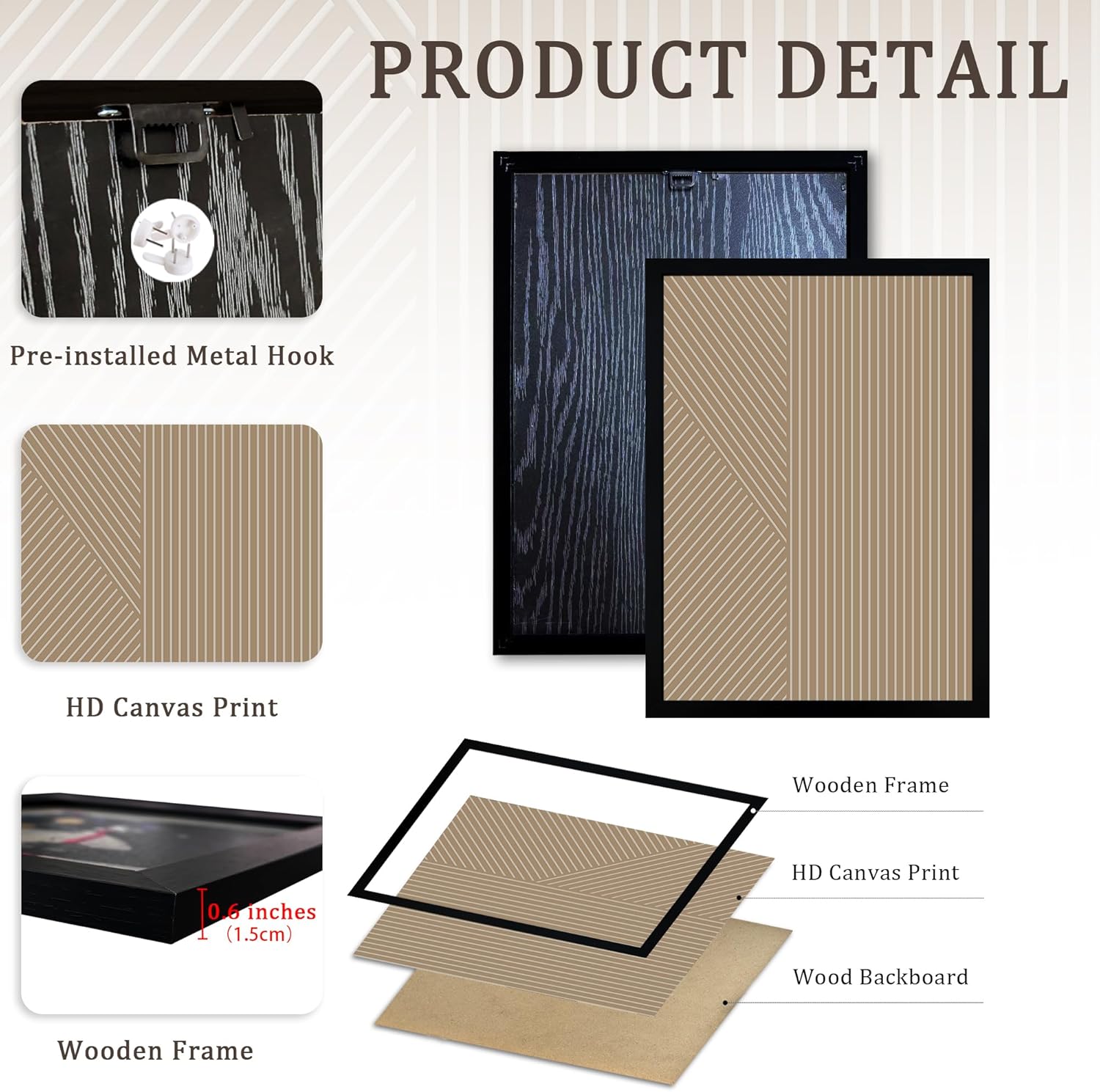 FWAHREN Framed Modern Abstract Minimalist Neutral Canvas Wall Art, Geometric Textured Line Mid Century Prints Artwork, Contemporary Japandi Wall Decor, Living Room Bedroom Office, Set of 3, 12x16in - Image 5