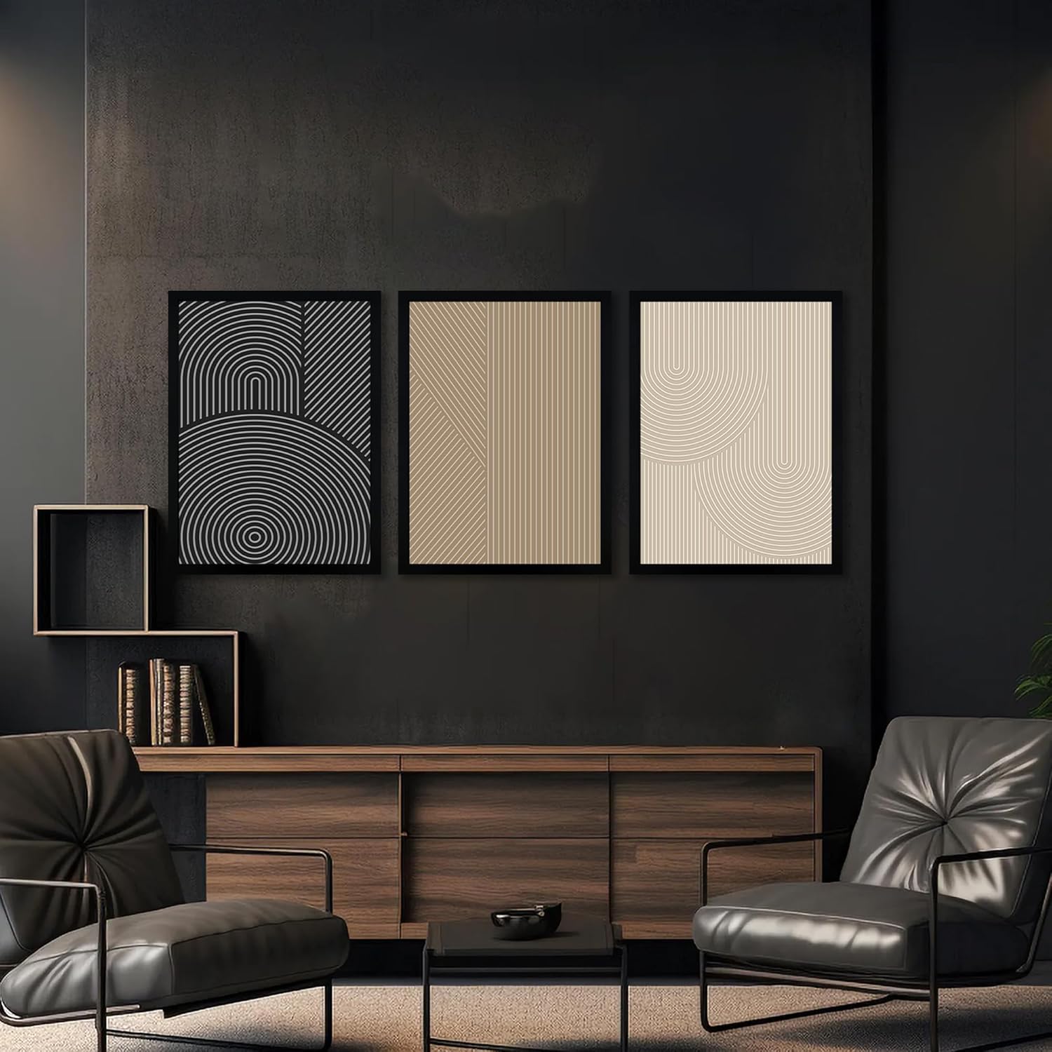 FWAHREN Framed Modern Abstract Minimalist Neutral Canvas Wall Art, Geometric Textured Line Mid Century Prints Artwork, Contemporary Japandi Wall Decor, Living Room Bedroom Office, Set of 3, 12x16in - Image 3