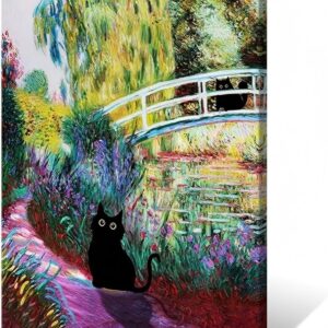 Gwindrise Black Cat Wall Art Painting, Black Cat Garden Bridge Canvas Wall Art, 12x16 inches, Framed, Ready to Hang, Waterproof Print
