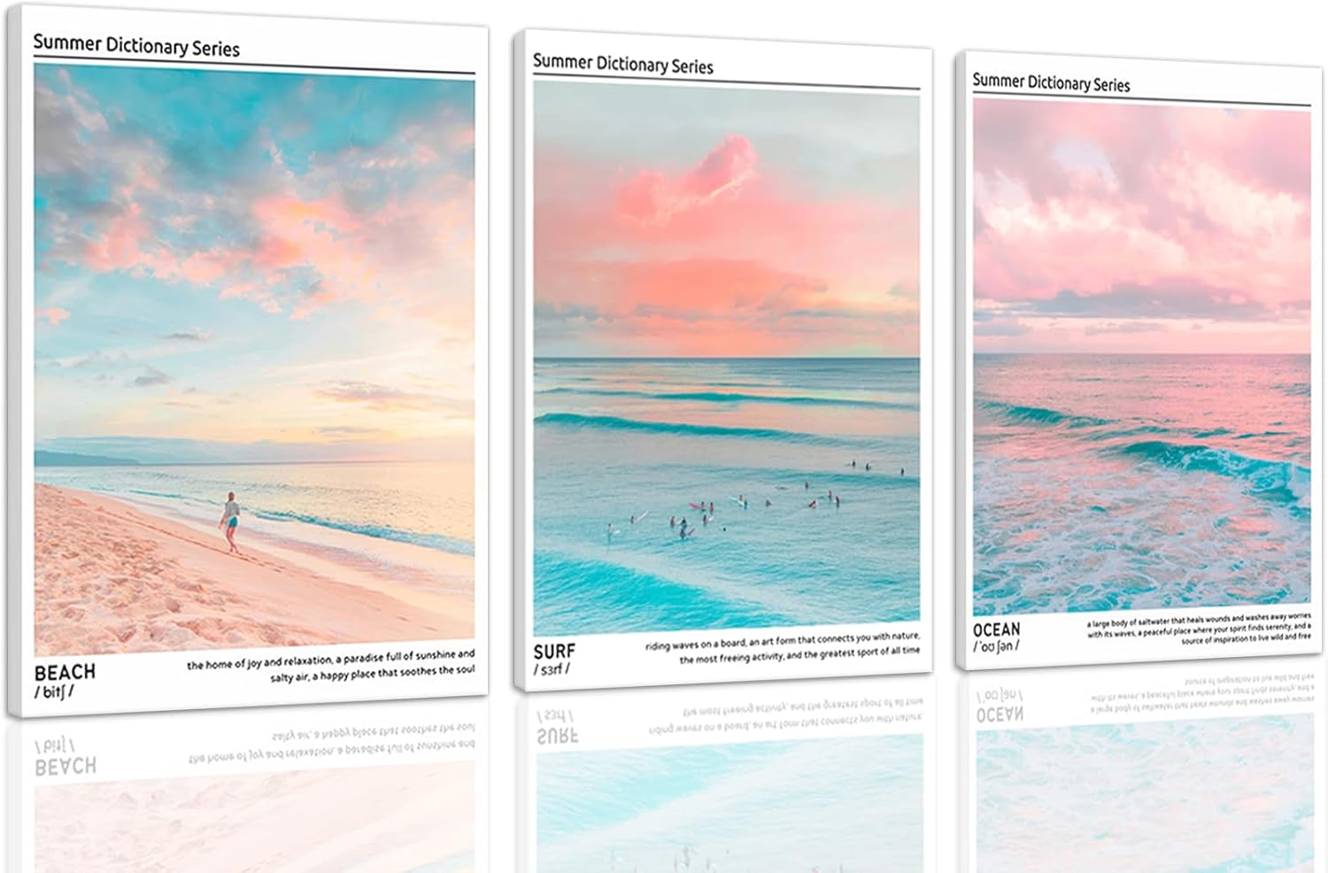 HNNXAR Pastel Coastal Canvas Wall Art Set Of 3 Colorful Beach Surf Poster Picture Prints Modern Preppy Aesthetic Ocean Painting College Room Decor For Dorm Apartment Girl Room Bedroom 16x24 Framed