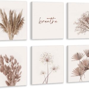 HPNIUB Nature Wall Decor, Botanical Wall Art Print Set Of 6 Piece (8x10inch,Framed), Reed Dandelion Dried Flower Plant Canvas Poster Gift, Breath Quote Painting For Living Room or Yoga Room Decor