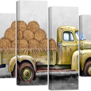 iHAPPYWALL 4 Pieces Farmhouse Canvas Wall Art Old Truck Artwork Rustic Car Painting Countryside Farm Barn Straw Bales Picture Print for Home Decor
