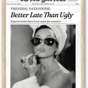iHery Small Natural OAK Wood Hepburn Newspaper Trendy Framed Wall Art, 8X10 in Vintage Canvas Print, Beige Logs Retro Bathroom Art, Better Late Than Ugly, Set of 1 Apartment Girly Dorm Room