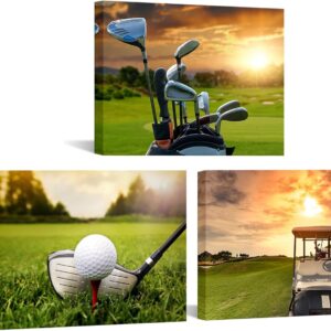 iKNOW FOTO 3 Piece Sports Canvas Wall Art Golf Course Scenery Sunset Framed Print Artwork for Home Decor Ready to Hang Each 12"x16"