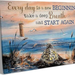 Inspirational Canvas Wall Art, "Every Day is a New Beginning" Motivational Quote Print, Seaside View with Turtle and Lighthouse, Framed Picture Print Wall Art for Living Room and Office 16" x 20"