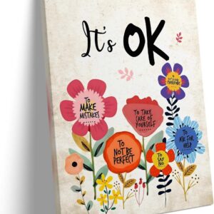Inspirational Canvas Wall Art, It's OK to Make Mistakes, Not Be Perfect Pictures Print, Motivational Flower Poster Framed Wall Painting for Home or Office, Self-Care Encouragement Art 16" x 20"