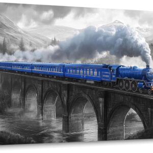 JEAWA Canvas Prints Wall Art - Blue Gray Canvas Painting, Train Artwork Print for Bedroom Bathroom Dining Room Home Office Decor, Great Bridge and Castle Picture, 20 x 40 In