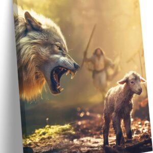 Jesus Saves The Lamb Canvas Wall Art Jesus Running Towards The Wolf And The Lamb Picture Wall Decor Christian Jesus Poster Print Painting for Living Room Bedroom Church Home Decoration