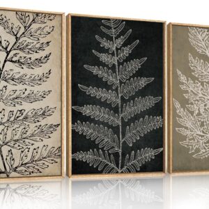 KAIRNE Farmhouse Botanical Wall Art Set of 3, Framed Fern Leaf Prints for Home Decor, Living Room Bedroom, Rustic Black Tan Minimalist Plant Painting, 16x24 Inch