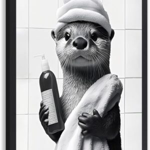 kilamino Wood Framed Funny Bathroom Wall Art, Black and White Otter Wall Decor, Cute Otter Holding Shampoo Art Print, Funny Animal Canvas Painting for Bathroom Toilet Bedroom Hallway Office 8"x10"