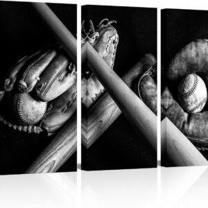 KLVOS 3 Panels Baseball Wall Art Vintage Baseball Glove Picture Canvas Print Black White Sports Painting Artwork for Boys Bedroom Living Room Gym Wall Decor Framed Ready to Hang
