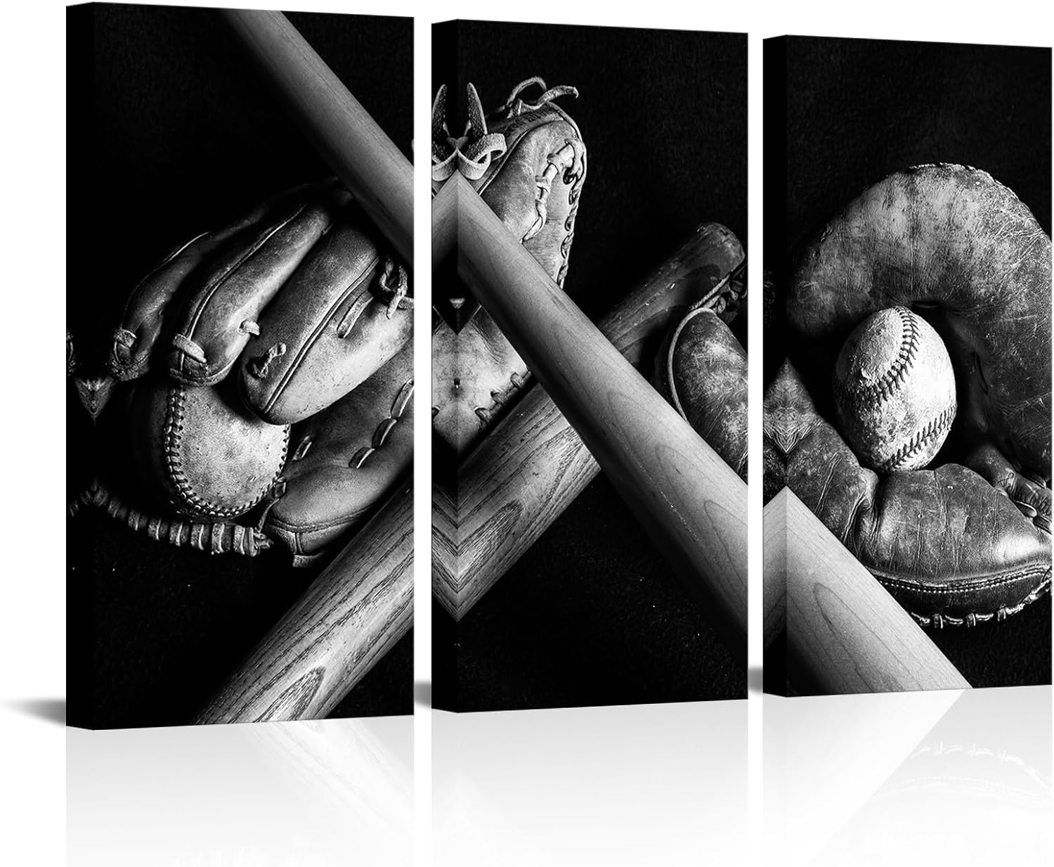 KLVOS 3 Panels Baseball Wall Art Vintage Baseball Glove Picture Canvas Print Black White Sports Painting Artwork for Boys Bedroom Living Room Gym Wall Decor Framed Ready to Hang