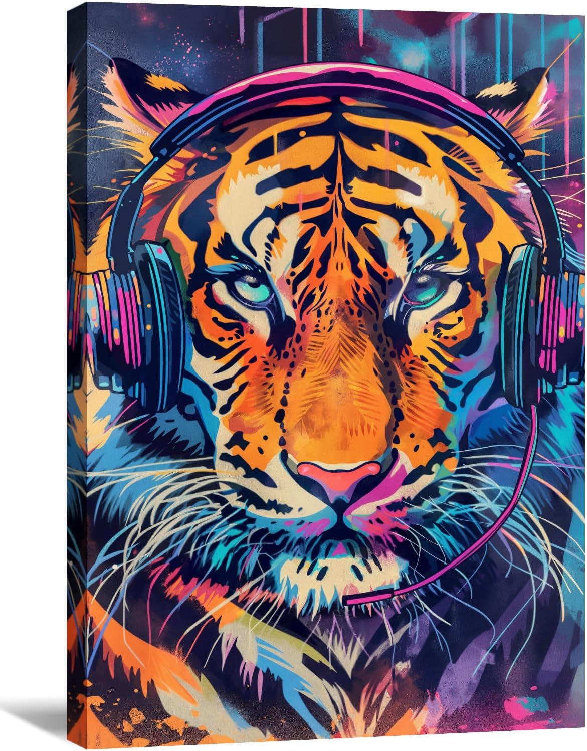 KPLUNDO Canvas Wall Art Tiger Wall Decor Graffiti Picture Funny Animal Listen to Music Painting Colorful Poster for Modern Home Decor Framed Ready to Hang(Art-3,16.00x24.00 inch)