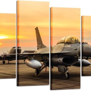KREATIVE ARTS - 4 Panel Canvas Prints F-16 Fighting Falcon Fighter Jet on Sunset Wall Art Military Airplane Giclee Canvas Pictures Stretched and Framed Paintings Artwork for Home Decor L47xH32