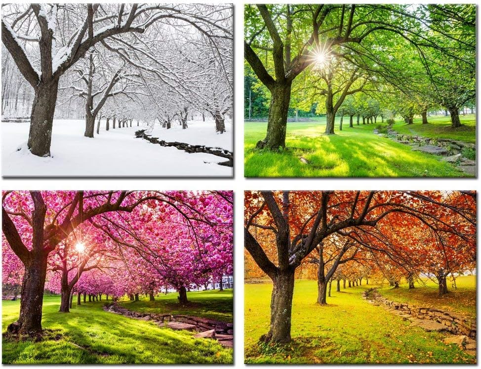 KREATIVE ARTS 4 Piece Canvas Wall Art Spring Summer Autumn Winter Four Seasons Landscape Colorful Tree Painting Picture Prints Modern Giclee Artwork Stretched Framed Bathroom 12x16inchx4pcs