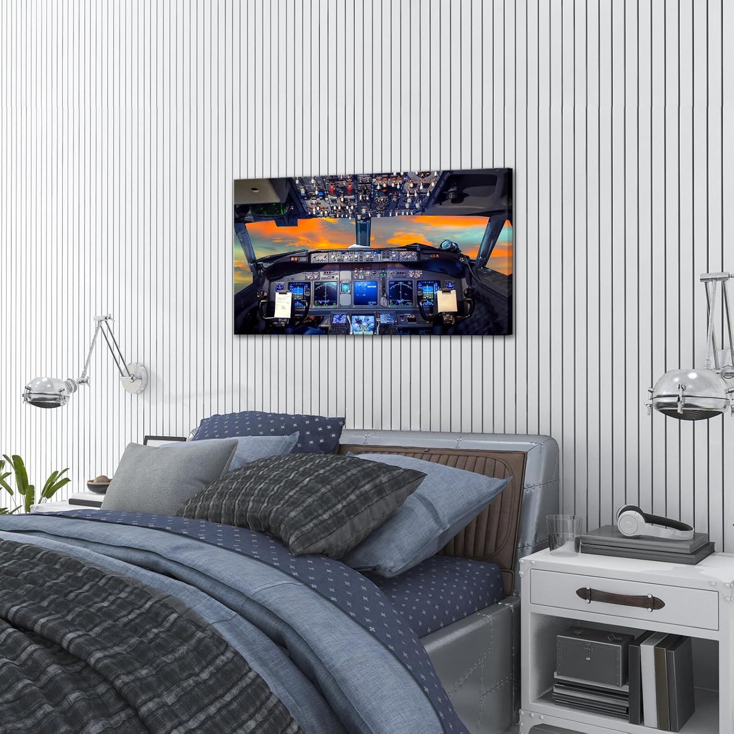 KREATIVE ARTS Canvas Prints Wall Art Airplane Cockpit Flight Deck in Sunset Photo Art Print Plane Poster Modern Home Decor Stretched and Framed Ready to Hang for Office Decorations 20x36inch - Image 4