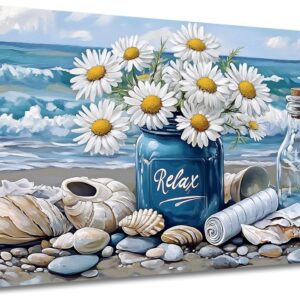 KVTM Bathroom Flower Canva Beach Wall Art, Coastal Wall Decor, Farmhouse Beach Coastal Daisy Floral Ocean Picture Flowers Sea Canvas Print Seascape Artwork for Home Living Room Bedroom 16"x32"