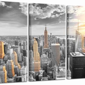 LevvArts Large 3 Piece New York City Canvas Wall Art Modern Black and White NYC at Gold Sunset Picture Prints Cityscape Skyline Poster Framed for Home Office Living Room Decor