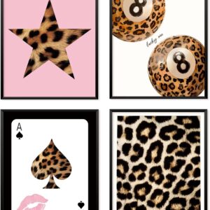 Locomiss Pink Leopard Wall Art Decor Posters, Trendy Y2K Leopard Girly Prints, Pink Funky Retro Cheetah Print Lucky 8 Ball Posters for Teen Girls Room College Dorm Decor, Set of 4 (8x10 Unframed)