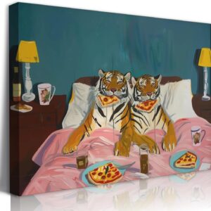 LSXARTQQ Funny Tiger Eating Pizza in Bed Wall Art Vintage Fun Tigers Couple Canvas Wall Decor Maximalist Blue Pink Jungle Animal Paintings Eclectic Whimsical Bedroom Picture Print(16x24inch)