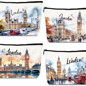 Luvsweets London Travel Souvenirs Gifts - 4Pcs British Travel Must Have Essentials, Watercolor London City Makeup Cosmetic Bags, British Toiletry Zipper Pouch Gifts for Travelers Women Girls Friends
