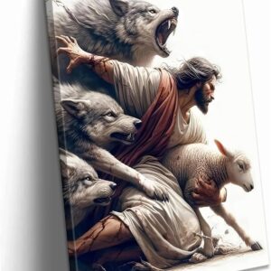 MALEDO Jesus and Lamb Canvas Wall Art Jesus Saves the Lost Sheep Christian Picture Wall Decor Shepherd Protect a Lamb from Wolves Painting Poster Print Artwork for Living Room Bedroom Church Decor