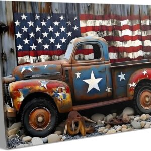 Memorial Day Canva Wall Art, Vintage Truck and American Flag Print, Rustic Patriotic Old Pickup Poster Framed Art, Memorial Day Farmhouse Print for Garage or Man Cave Decor 16x20inch