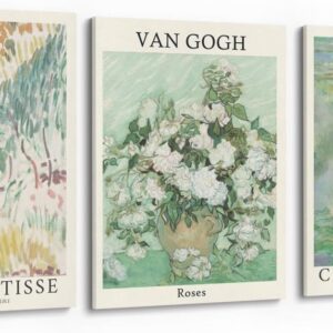 MINI ZOZI Sage Green Canvas Framed Wall Art Set Of 3 Matisse Van Gogh Monet Flower Prints 12x16 Wall Decor Large Mid Century Modern Aesthetic Over Bed Poster Painting Master Bedroom Living Room