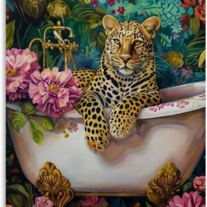 Minimalist Leopard Print Wall Decor, Vintage Cheetah Canvas Wall Decor, Eclectic Animal Floral Print Posters for Preppy Apartment Bathroom Bar, Fun Leopard Print Dopamine Posters in The Bathtub Canva