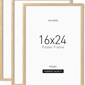 Momentworth Minimalist 16x24 Frame Set of 3, Solid Oak Wood 16x24 Picture Frame for Wall Mount - Wall Decor for Home, Office & Galley (3 Pack,Oak)