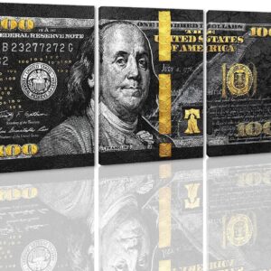 Money Wall Art Black and Gold Pictures Wall Decor 3 Panels 100 Dollar Bill Postres Money Canvas Print Art Living Room Bedroom Home Office Decor Wooden Framed Ready to Hang - 12'' W x 16''H x 3pcs