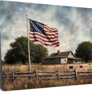 Patriotic Wall Art Decor - Vintage American Flag Canvas Print, Framed USA Patriotic Decorations for Home, Fourth of July Decor, Red White Blue Wall Decor for Living Room, Classroom,Bedroom & Office