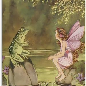 Pink fairy chats with mr.Frog ，Vintage Illustration by 1922 Plate from The Little Green Road to Fairyland Printing wall art decoration canva posters girls room decorative gift 16x24" Overall Size