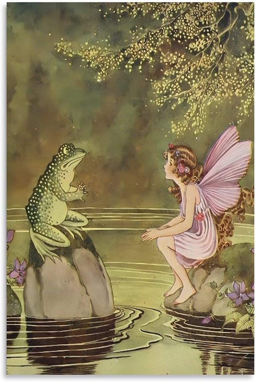 Pink fairy chats with mr.Frog ，Vintage Illustration by 1922 Plate from The Little Green Road to Fairyland Printing wall art decoration canva posters girls room decorative gift 16x24" Overall Size